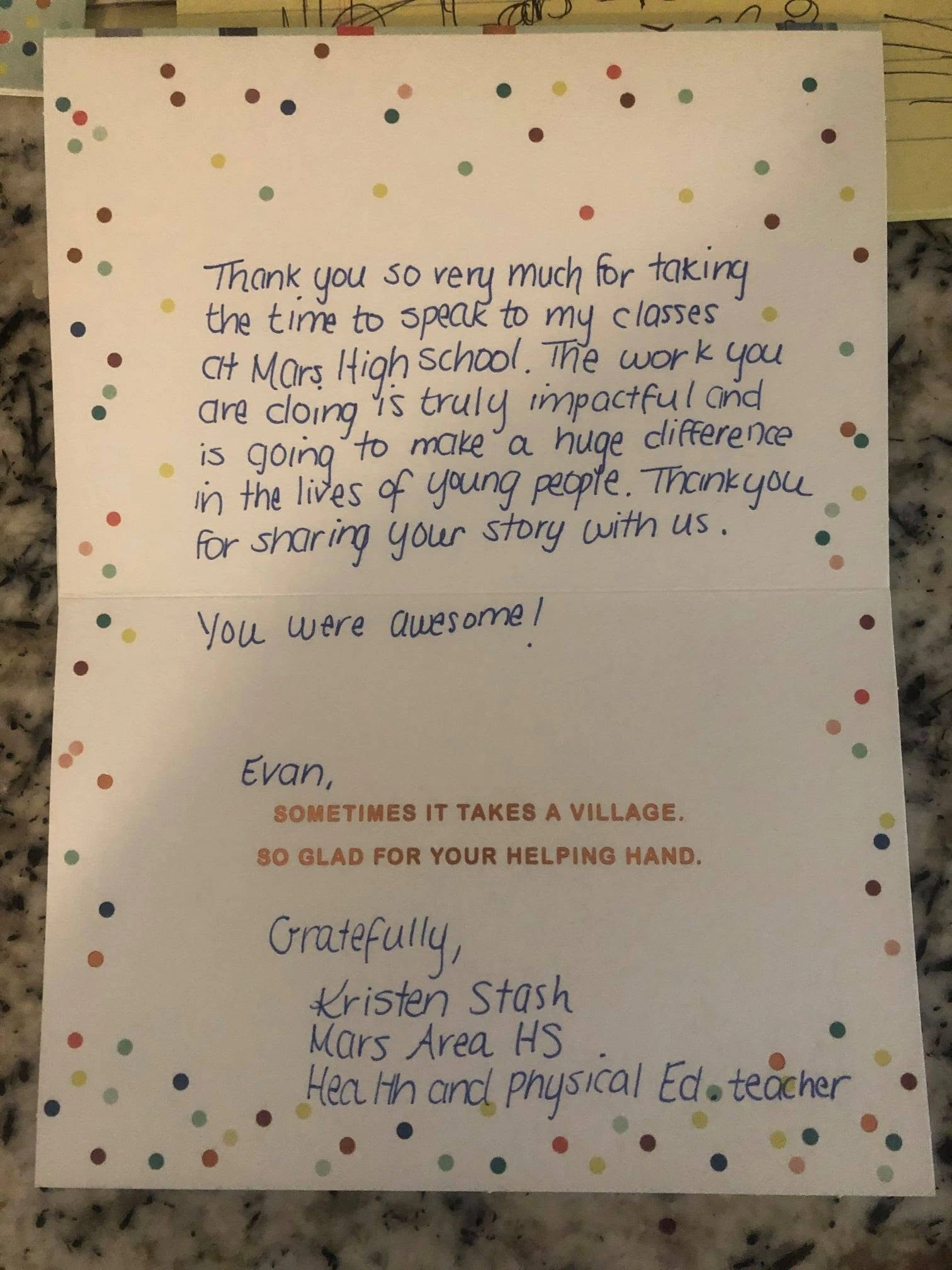 Original testimonial from Mars Area High School. The work you are doing is truly impactful and is going to make a huge difference in the lives of young people. Thank you for sharing your story with us.